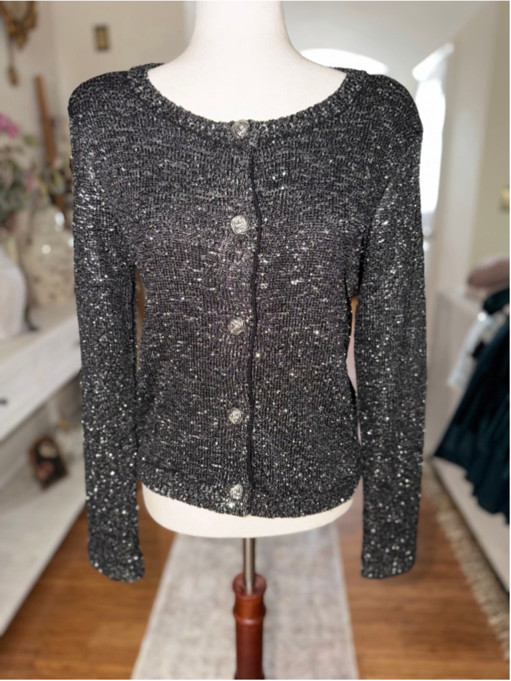 Women's Generation Love Black Silver Shimmer Cardigan Sweater Size M